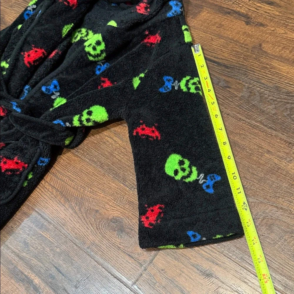Kids Black Plush Bathrobe with Neon Skull Print
